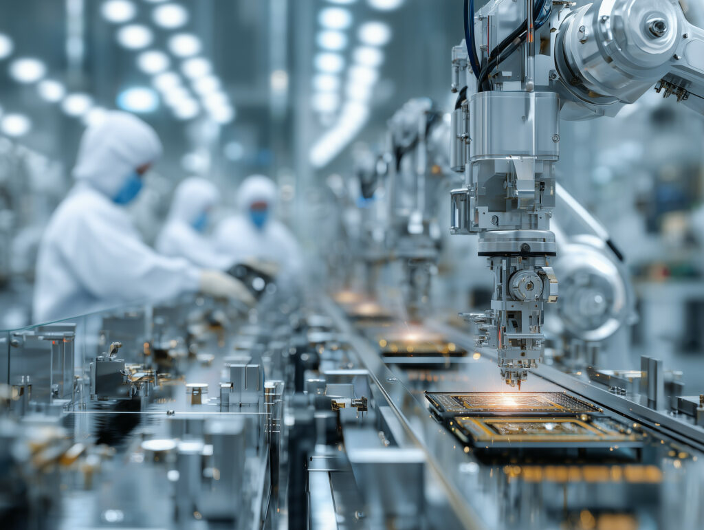 Image of robots in a factory assembling semiconductors