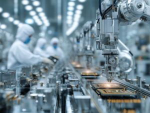 Image of robots in a factory assembling semiconductors